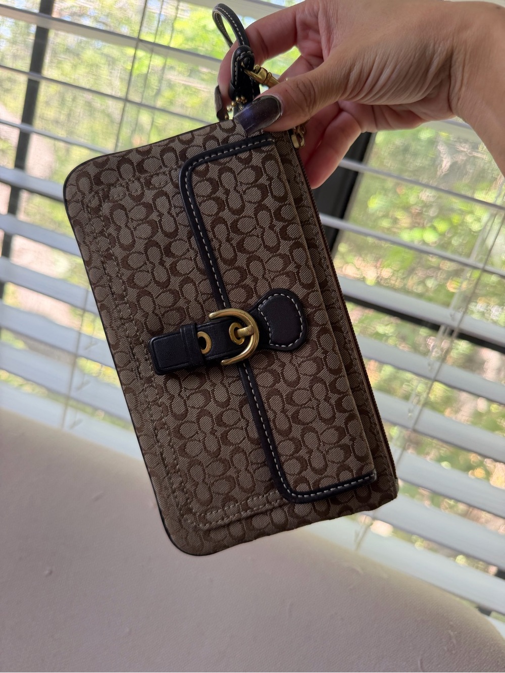 Coach Brown Signature Canvas Wristlet with Dark Brown Trim